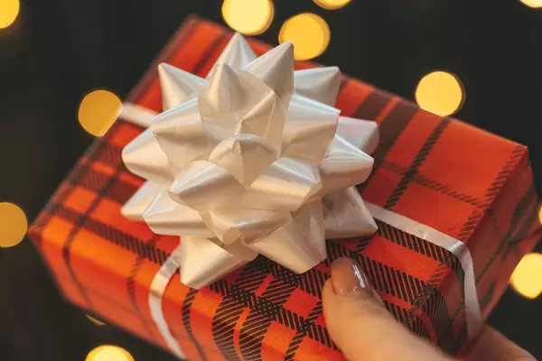 Close up of red gift box with white bow in hand (Flip 2019)