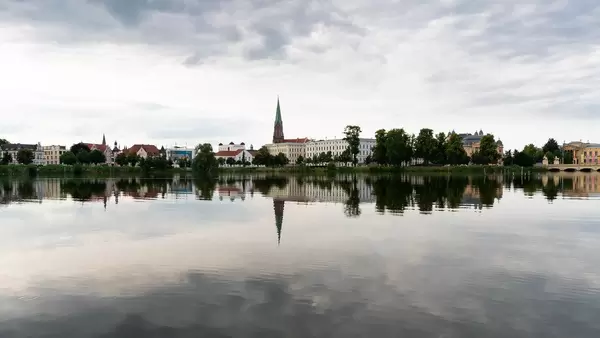 Close up of reflection of Schwerin town and beautiful church in the lake
