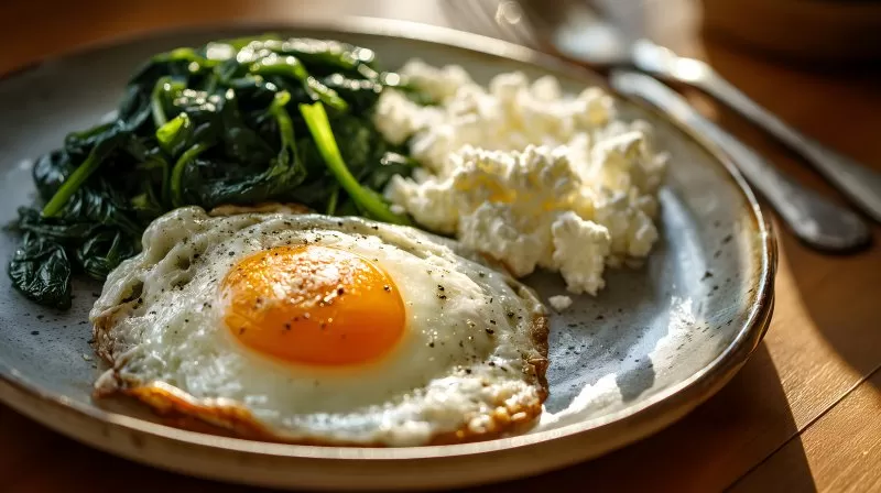 Close-up of sunny side up egg and toast on white plate
