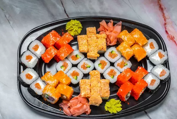 Close Up Of Sushi Set nigiri and sushi rolls for two top view