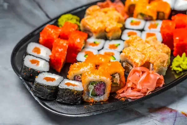 Close Up Of Sushi Set nigiri and sushi rolls for two.