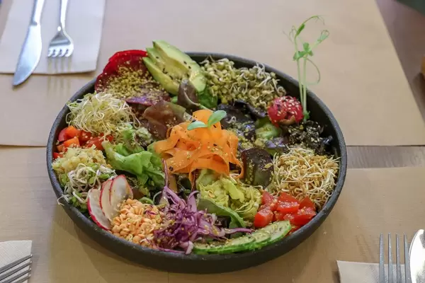 Close-up of the colorful salad "Ensalada del Sol" with radish, carrots, tomatoes and sprouted seeds at the vegan Restaurant Petit Brot in Barcelona, Spain