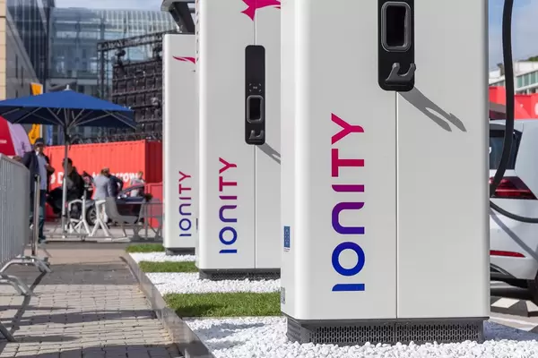 Close-up of the new European charging station network IONITY HPC with charging plug