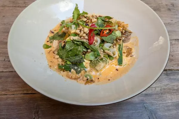 Close-up of the Vietnamese food "Pho Sot Can" - organic tofu in red coconut curry with fried onions, cashew nuts and oyster mushrooms on pasta