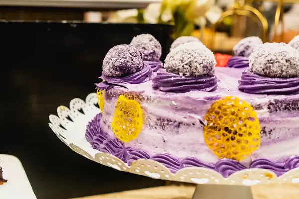 Close up of ube icing chocolate cake