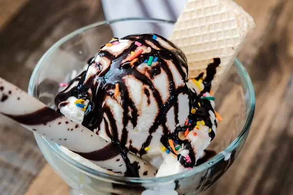 Close up of vanilla ice cream with chocolate syrup and wafers