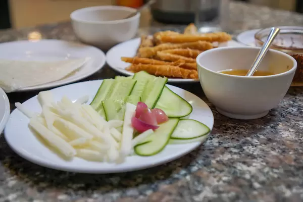 Close Up of Vietnamese Wrap and Roll Dish Nem Nuong