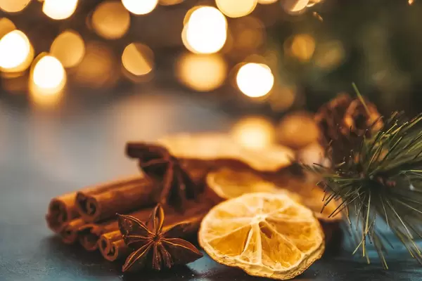 Close up of winter spices on Christmas background with Golden bokeh (Flip 2019)