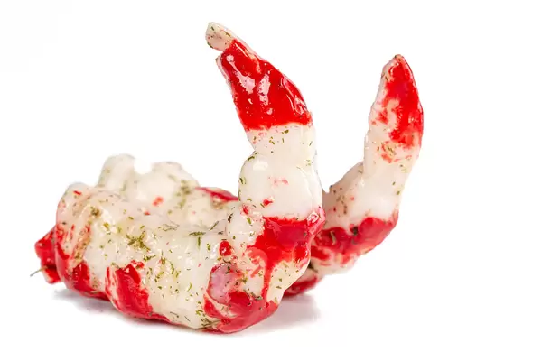 Close-up, peeled shrimp tails with spices