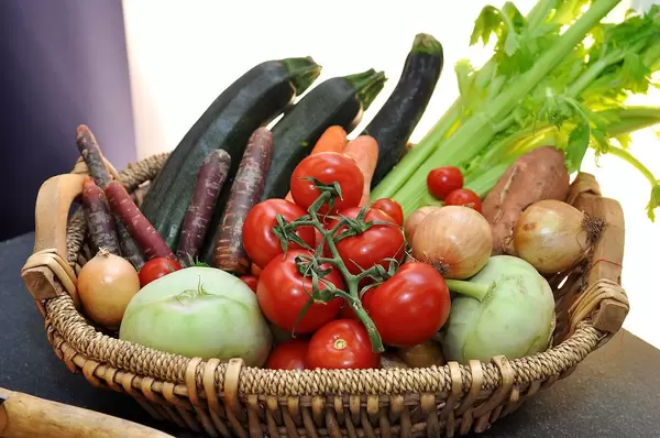 Close Up Photo of Basket with many different Vegetables like Tomatoes, Cherry Tomatoes, Onions, Zucchini, Potatoes, Radish and Leek