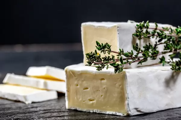 Close Up Photo of Cut Brie Cheese with Fresh Thyme and Brie Cheese Slices on Dark Background