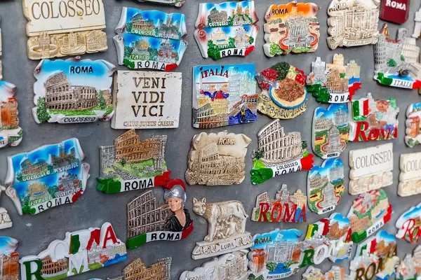 Close Up Photo of different Fridge Magnets as Souvenirs in Rome, Italy