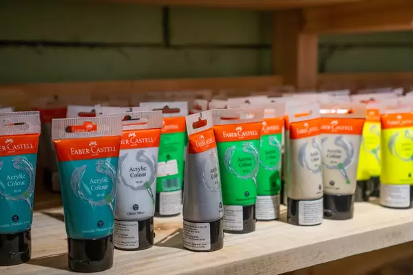Close Up Photo of Faber-Castell Acrylic Colour Painting Colors in a Store Shelf with Price Tags