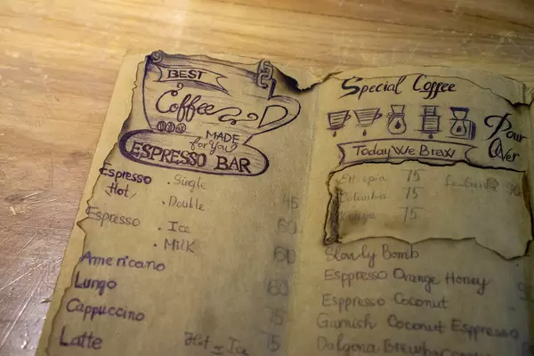 Close Up Photo of Hand Written Vintage Menu with Drawings and different Drinks on a Wooden Table in a Cafe