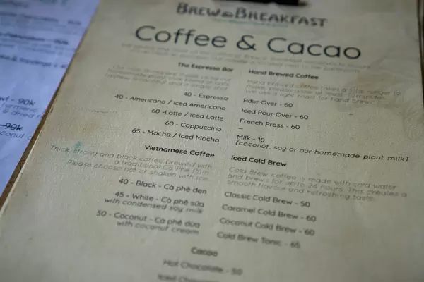 Close Up Photo of Menu with different kinds of Coffee such as Vietnamese Coffee and Brewed Coffee at Brew & Breakfast in Da Lat, Vietnam