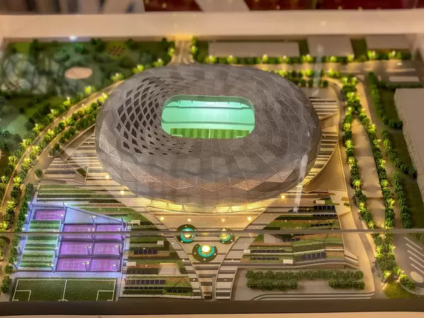 Close-up shot of a model of Education City Stadium