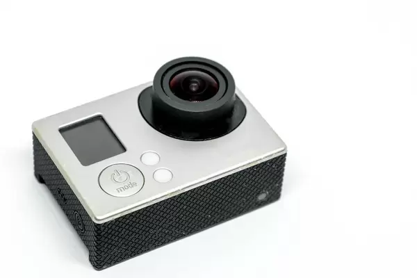 Close up shot of action camera on white background