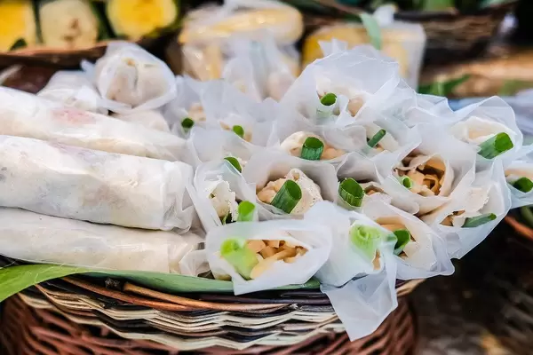 Close up shot of native spring rolls on basket