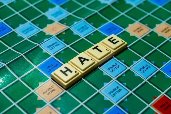 Close up shot of "Hate" word on scrabble board