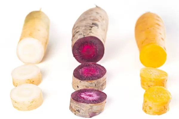 Close-up, slices of carrots of different varieties and colors