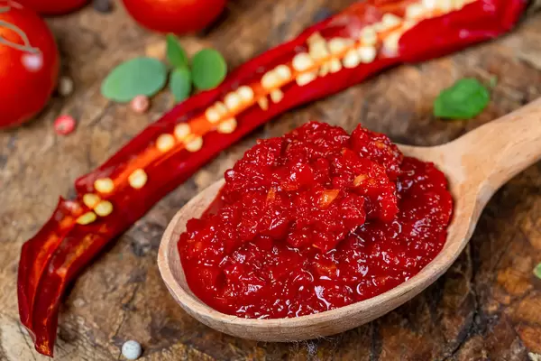 Close-up, spicy adjika in a wooden spoon with chili peppers