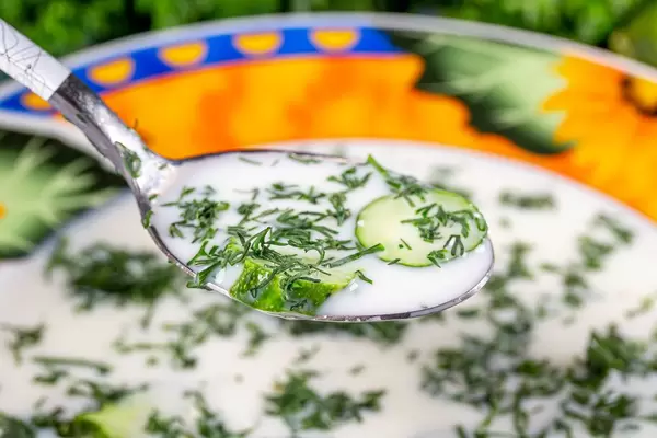 Close-up, summer Russian traditional soup okroshka