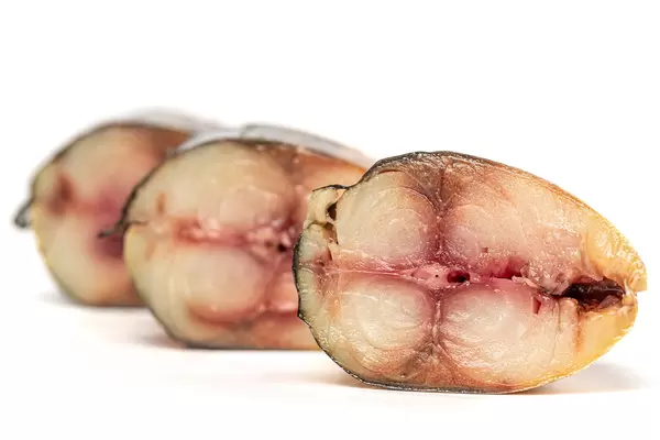 Close-up, three pieces of smoked mackerel