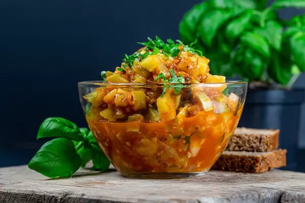 Close-up, vegetable stew in a glass bowl