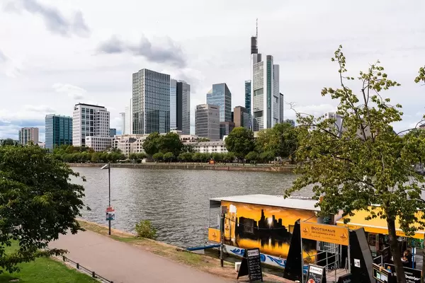 Close up view of financial district of Frankfurt with Commerzbank skyscraper and others