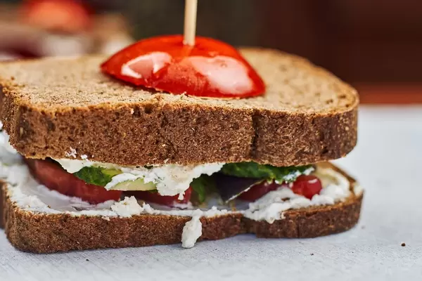 Close-up view of sandwich made with wheat bread and organic vegetables