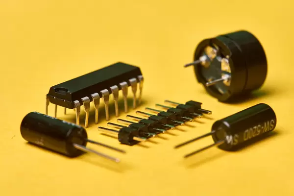 Close-up view of semiconductors and other electronic items used for various industries, like manufacturing cars, computers and electronic devices
