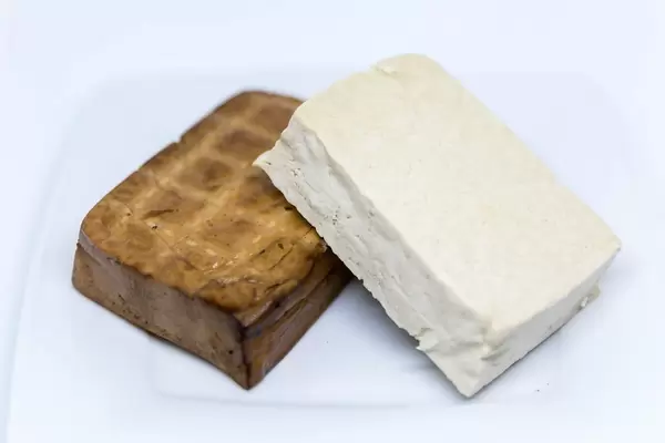 Close-up view of tofu and smoked tofu on a white plate