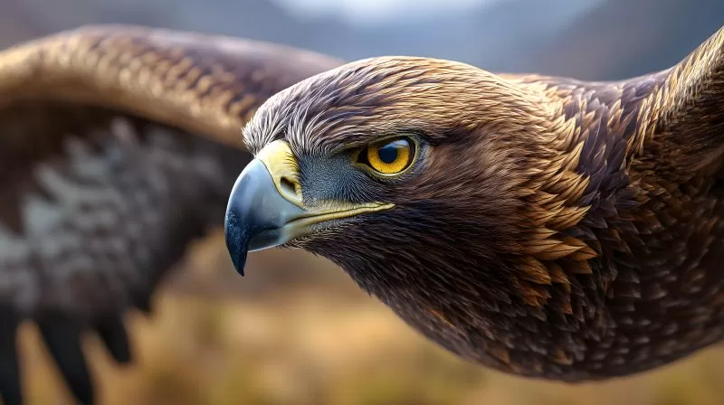 Closeup golden eagle head with sharp beak and focused eye