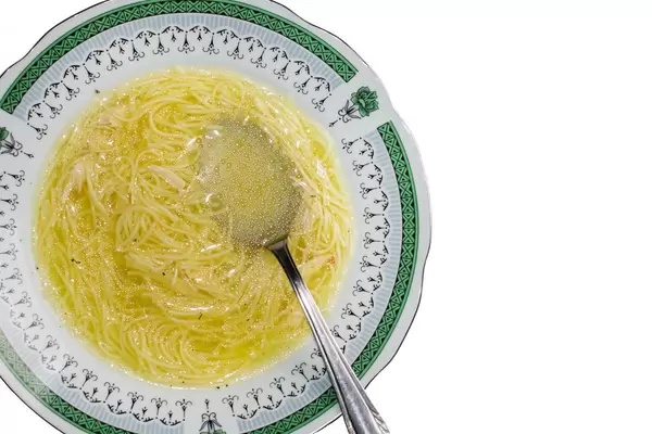 Closeup image of homemade chicken soup with noodles
