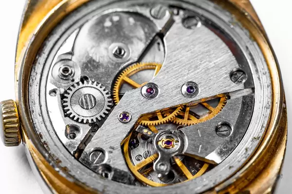 Closeup of a mechanism of gears from an old watch