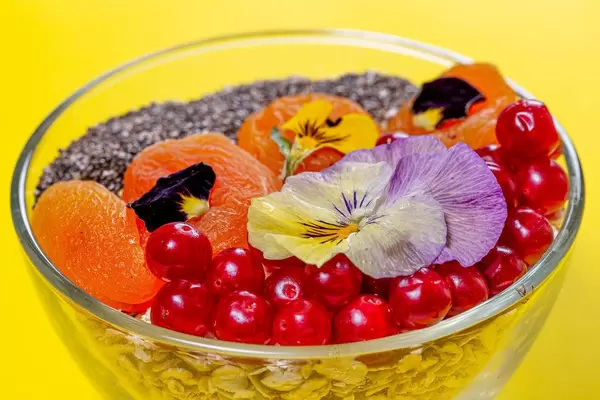 Closeup of healthy breakfast oatmeal with fruit and chia seeds on yellow background (Flip 2019)