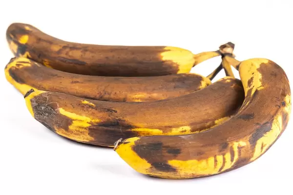 Closeup of overripe old bananas on white