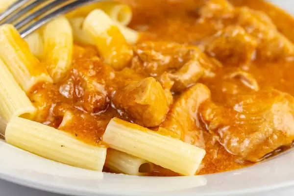Closeup of served Beef Stew with Pasta
