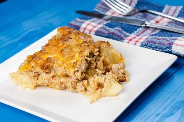 Closeup of served Minced Meat and Potatoes homemade pie (Flip 2019)