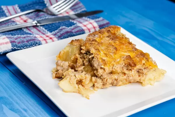 Closeup of served Minced Meat and Potatoes homemade pie