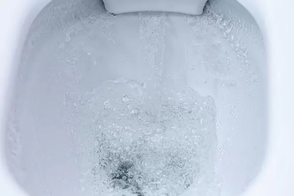Closeup view of a flushing white toilet. The water swirls in the toilet bowl (Flip 2019)