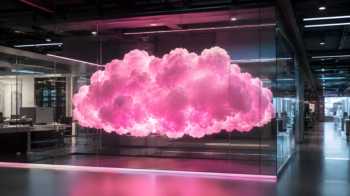 Cloud in gläsernem Büroraum mit Neonlicht