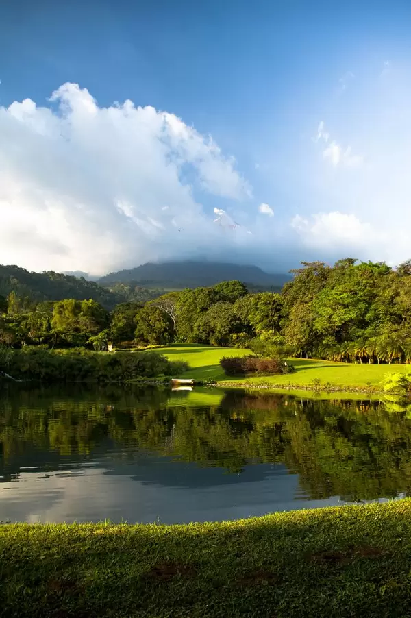 Cloudy day, covered volcano peak