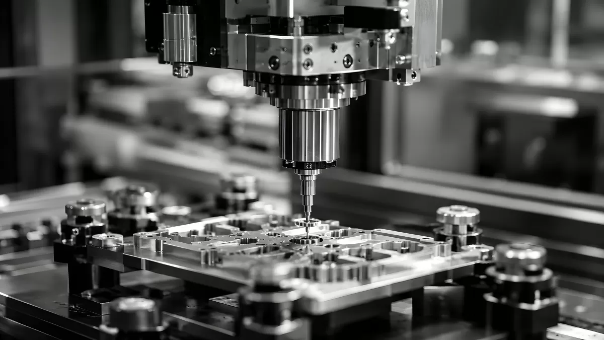 CNC-Fräsmaschine bearbeitet präzises Metallteil