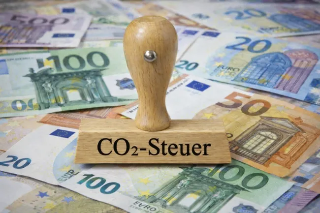 CO2-Steuer und Klimapolitik - Holzstempel auf Euroscheinen
