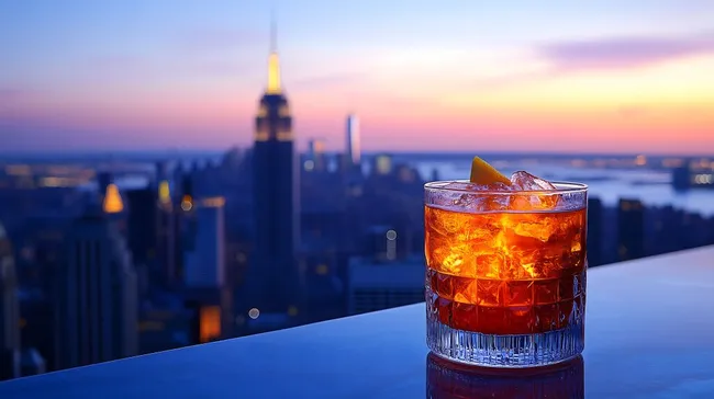 Cocktail im Abendlicht über New Yorker Skyline
