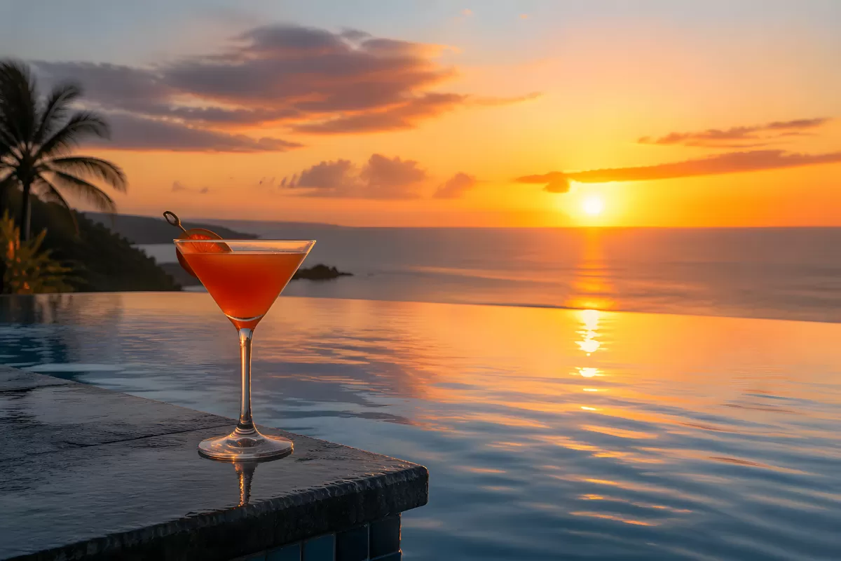 Cocktail im Martini-Glas am Infinity-Pool bei Sonnenuntergang