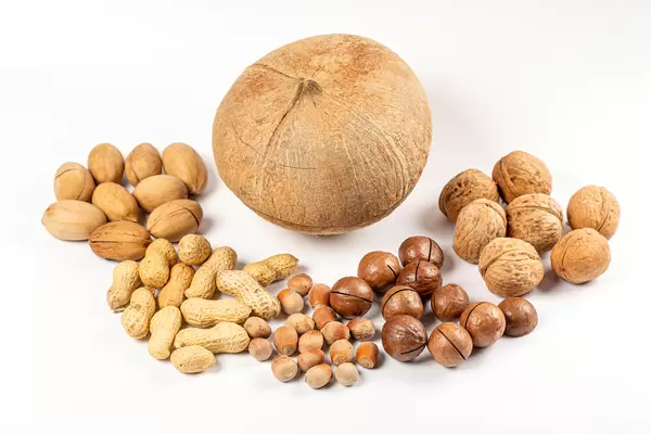 Coconut, macadamia, pecan, walnuts, peanuts and hazelnuts on white