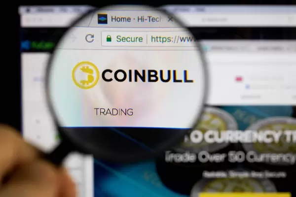 Coinbull logo on a computer screen with a magnifying glass