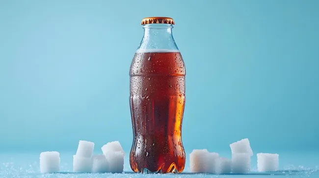Cola-Getränk in Glasflasche mit Eiswürfeln